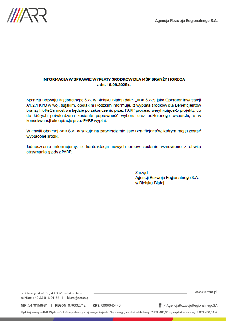 Komunikat w sprawie wypłaty środków dla MŚP branży HoReCa z dnia 16.09.2025r.